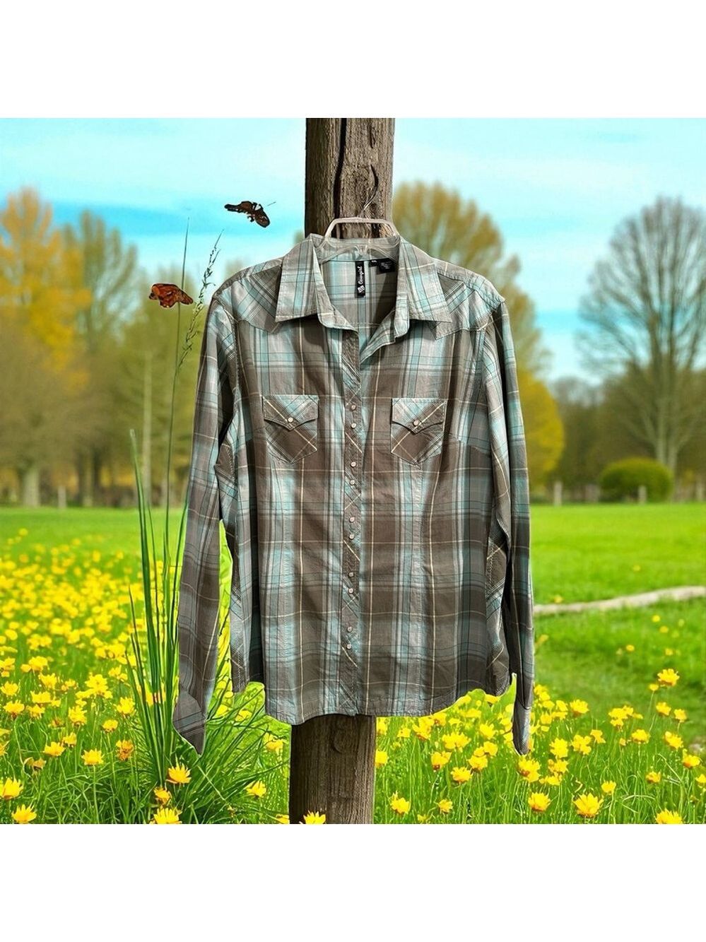 Cowgirl Snap Button Western Plaid Shirt Womens XXL Green Long Sleeve Rodeo Farm